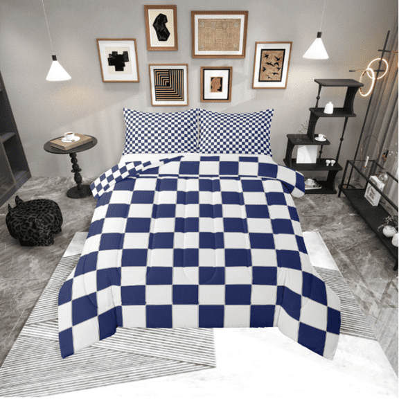 Erosebridal Navy Checkered Bedding Set White Dark Blue Buffalo Plaid Grid Comforter Set Full,Checkerboard Quilt Set Mengeometrical Gingham Duvet Set Modern Room Decor