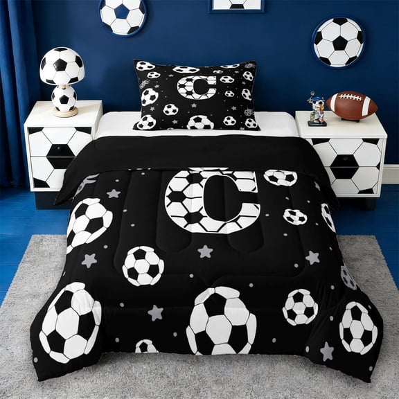 Erosebridal Boys Personalized Gifts Twin Comforter Sets,Alphabet C Kids Bedding Set For Football Sport Games Lover,Reversible Black 2pcs
