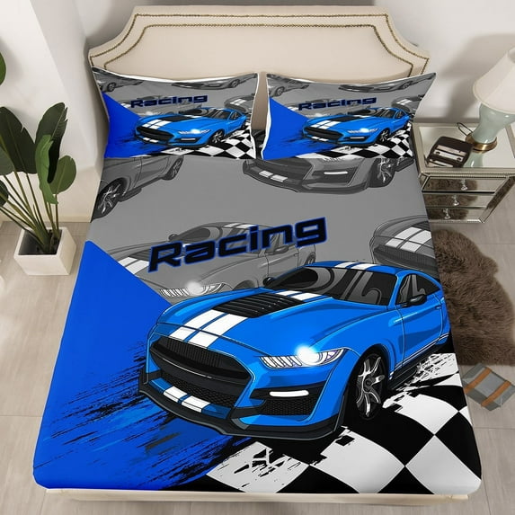 Erosebridal Race Car Bedding Set Speed Sports Car Twin Bed Sheets Teens Blue Cool Car Extreme Sports Fitted Sheet, Black White Racing Lattice Sheets with 1 Pillowcase