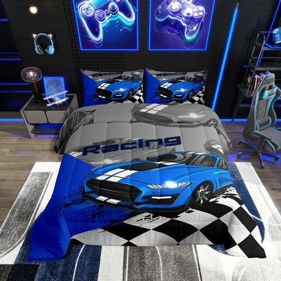 Erosebridal Race Car Bedding Speed Sports Car Full Bed Comforter Set Teens Blue Cool Car Extreme Sports Comforter Set, Black White Racing Lattice Quilt with 2 Pillowcases