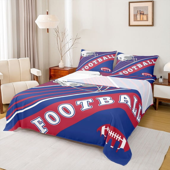 Erosebridal Sheets American Football Sheet Set Blue and Red Rugby Game Helmet Bed Sheets Set Football Sports Team Flat Fitted Sheet with 2 Pillowcases, Full (Buffalo)