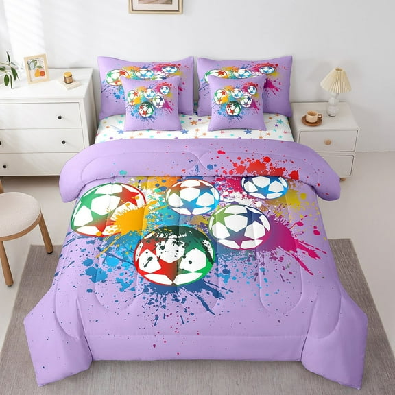 Erosebridal Soccer Bedding Sets Twin Size,Watercolor Splash Comforter Sets with Sheets,Sport Theme Bedroom Decor,Reversible,7pcs