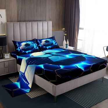 Erosebridal Soccer Twin Bed Sheets,3D Football Fitted Sheet For Adult Teens,Game Sport Competition Sheet Set,Lightning Sparkle Honeycomb Hexagon Bedding Set,Lightweight