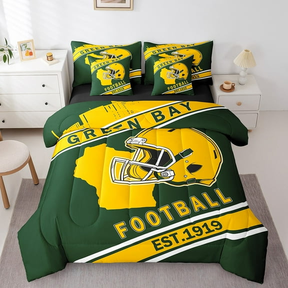 Erosebridal Sports Bed in a Bag Twin size Teens, American Football Bed Set, Dark Green Yellow, Green Bay, Microfiber 7pcs