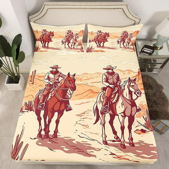Erosebridal Western Bedding Set Twin Cowboy Horse Print Bed Sheets Wild West Desert Sheets for Teens Cowgirl Hand Drawn Illustration Country Themed Fitted Sheet + 1 Pillowcase