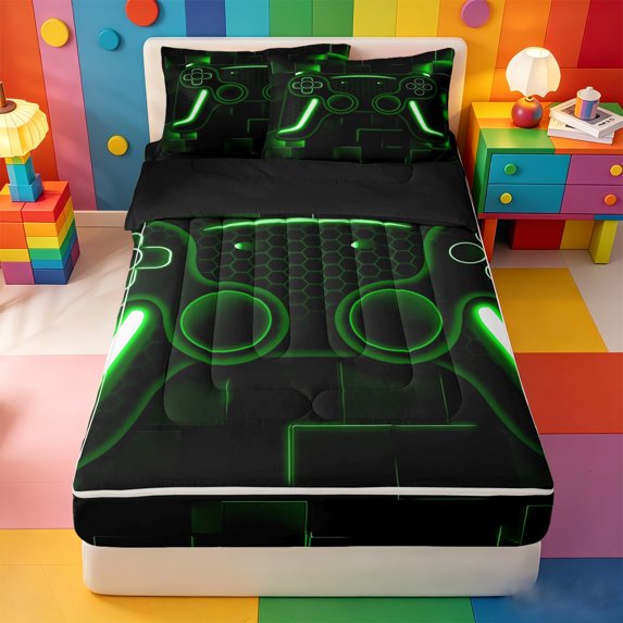 Erosebridal Bright Lime Game Controller Zipper Twin Comforter Sets with Fitted Sheet and 2 Pillowcases,3D Gamer Zipper Bedding Set For Boys,Black Reversible,4pcs