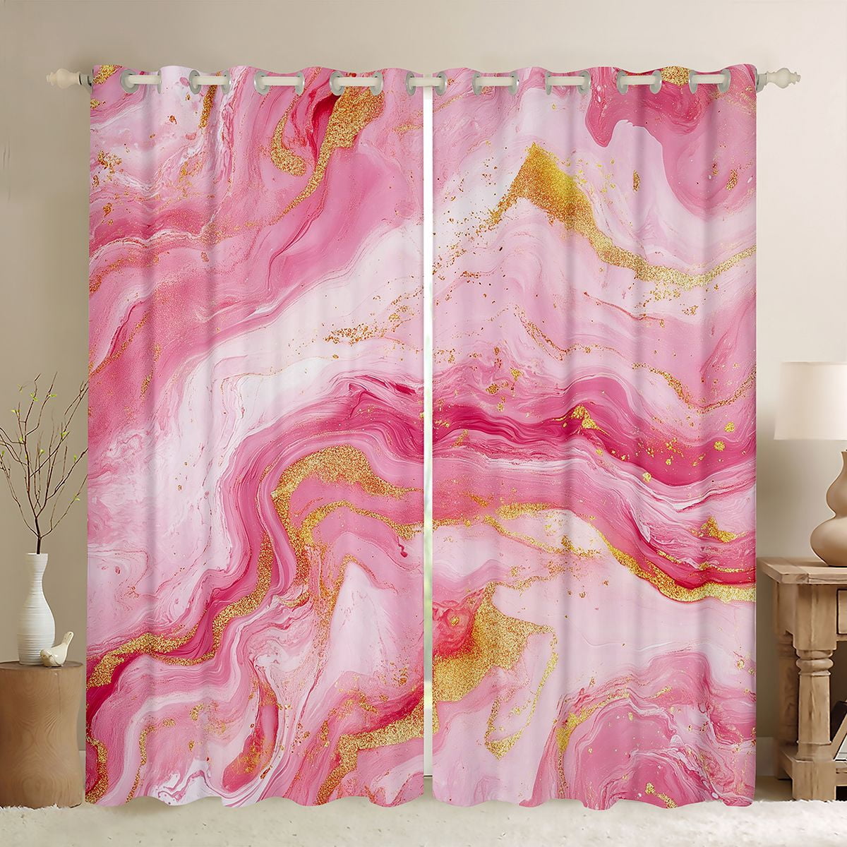 Erosebridal Bright Pink Marble Curtains and Drapes Pack of 2 (52x63 ...