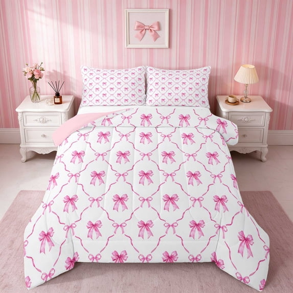 Erosebridal Bright Satin Bow Ribbon Queen Comforter Set for Girls, Romantic Floral Print Comforter Sets Queen, Pink Reversible 3-Piece 1 Comforter and 2 Pillowcases