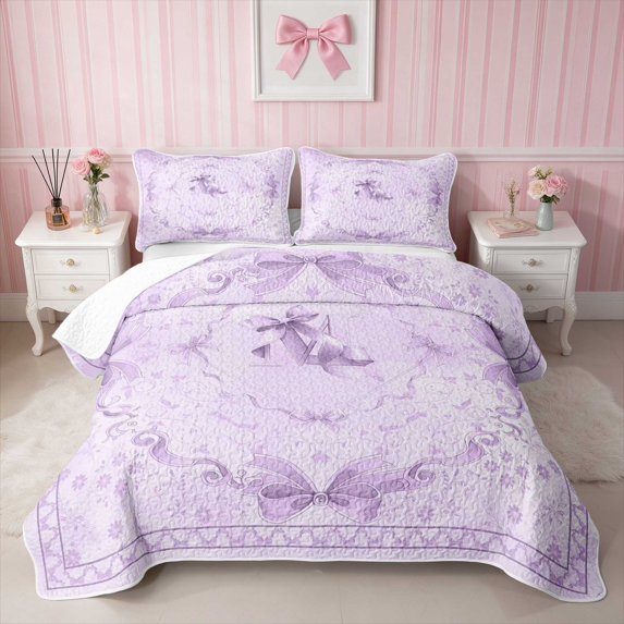 Erosebridal Bright Satin Bow Ribbon Quilt King for Girls, Romantic Floral Print King Coverlet Set, 3 Pieces 1 Bedspread and 2 Pillowcases