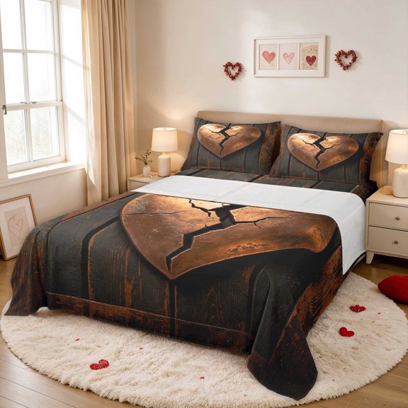 Erosebridal Broken Copper Heart Wooden Queen Sheets for Girls, Rustic Distressed Love Queen Sheet Sets, 4pcs (1 Flat Sheet, 1 Fitted Sheet and 2 Pillowcases)