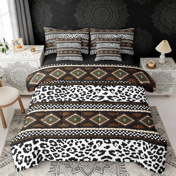 Erosebridal Brown Aztec Twin Bedding Sets, White Black Leopard Print Bedding Comforter Set, Black Reversible 7pcs