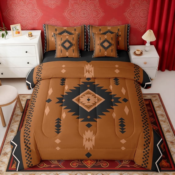 Erosebridal Brown Black Aztec Bedding Comforter Set, Bohemian Exotic Style Full Bedding Set, Black Reversible 7 Pieces