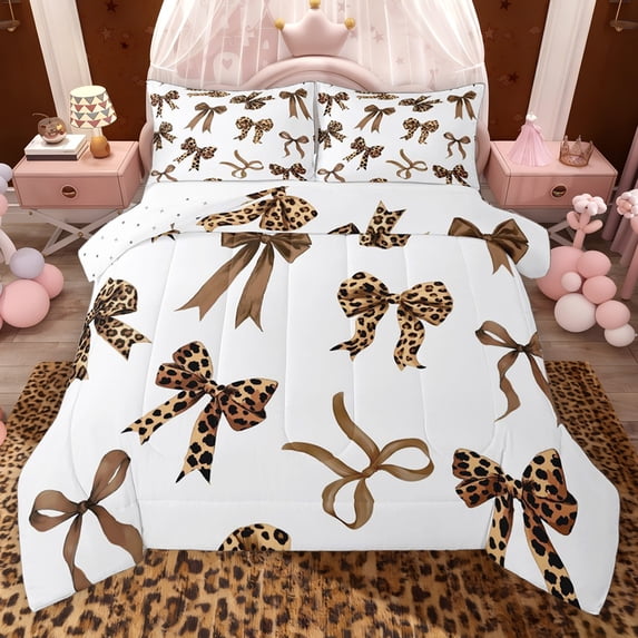 Erosebridal Brown Bow-Tie Full Size Comforter Sets for Princess Girls, Dreamy Ribbon Bedding Sets, Reversible, 1 Comforter and 2 Pillowcases