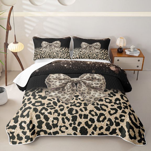 Erosebridal Brown Bowknot Quilt Full for Teens,Girls Leopard Print Bling Glitter Full Bedspread Sets