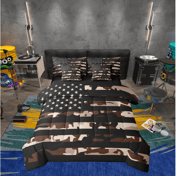 Erosebridal Brown Camouflage Bedding Sets Twin Size, Tie Dye Camo Comforter Sets with Sheets, Retro US Flag Decor, Reversible 7pcs