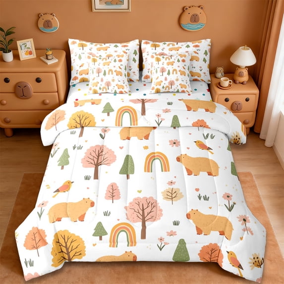 Erosebridal Brown Capybara 7 Pieces Bedding Comforter Set,Cute Rodent Animals Bohemian Rainbow Full Bedding Set For Kids Teens Reversible