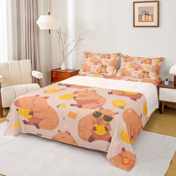 Erosebridal Brown Capybara Bed Sheets For Kids,Cute Animals King Sheets For Capybara Lovers 4 Pieces