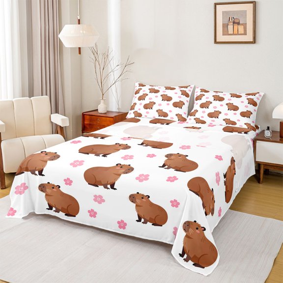 Erosebridal Brown Capybara Full Size Sheets for Kid, Pink Blossoms Flower Bed Sheets, 4-Piece