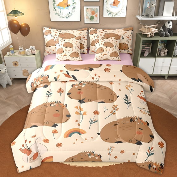 Erosebridal Brown Capybara Kid Twin Bedding Sets, Cartoon Flower Rainbow Bedding Comforter Set, Pink Reversible, 7pcs