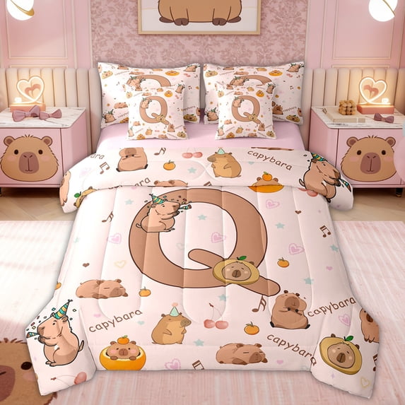 Erosebridal Brown Capybara Kid Twin Bedding Sets, Initial Q Letter Bedding Comforter Set, Pink Reversible, 7-Piece