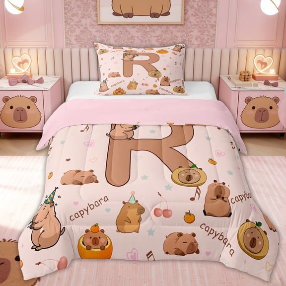 Erosebridal Brown Capybara Kid Twin Comforter Sets, Cute Letter R Bedding Set, 2pcs, Pink Reversible