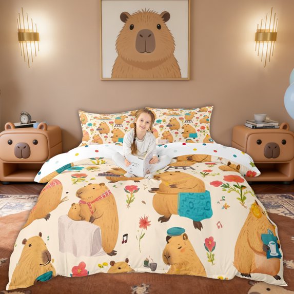 Erosebridal Brown Capybara Kids Duvet Cover Set, Flower Floral Bedding Full, 3pcs, No Comforter