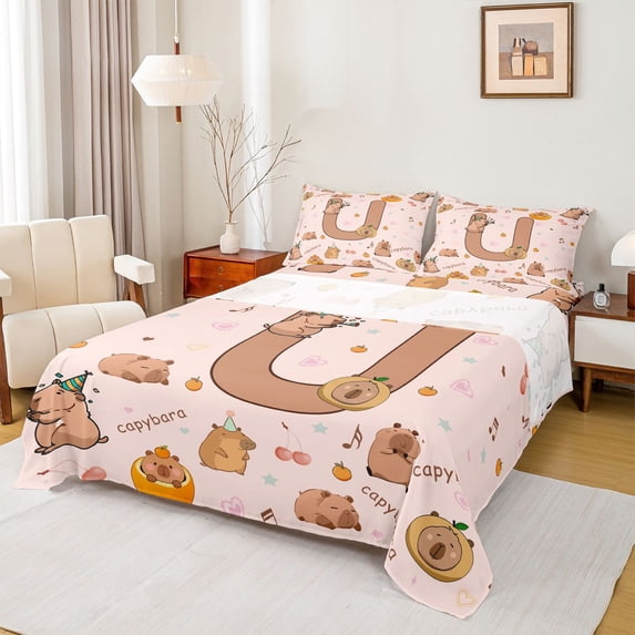 Erosebridal Brown Capybara Queen Sheet Sets for Kid, Initial U Letter Bed Set, 4pcs