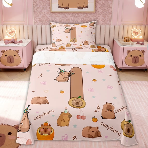 Erosebridal Brown Capybara Twin Sheet Sets for Kid, Initial I Letter Bedding, 3pcs