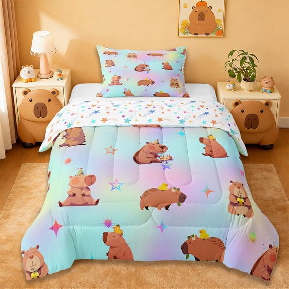 Erosebridal Brown Cartoon Capybara Twin Comforter Sets,Colorful 3D Stars Pattern Bedding Set For Kids Teens Reversible 2 Pieces