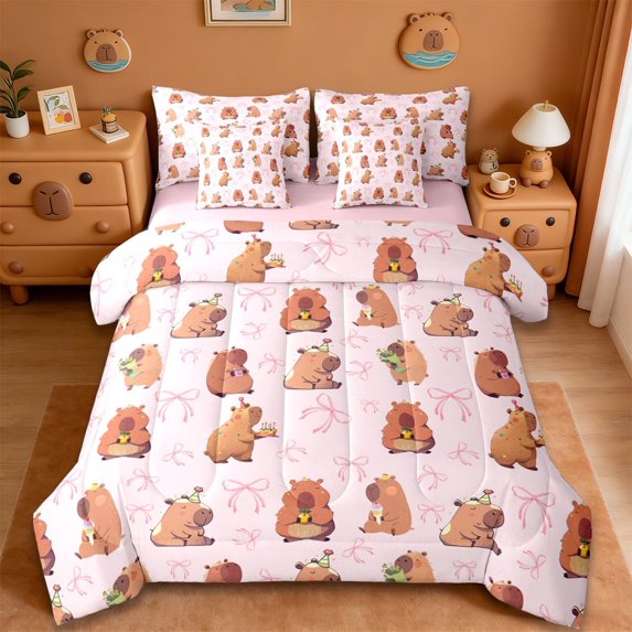 Erosebridal Brown Cartoon Capybaras 7-Piece Twin Bedding Sets For Kids,Pink Bow Cute Bowknot Bedding Comforter Set For Bowtie Girls ,Reversible Pink