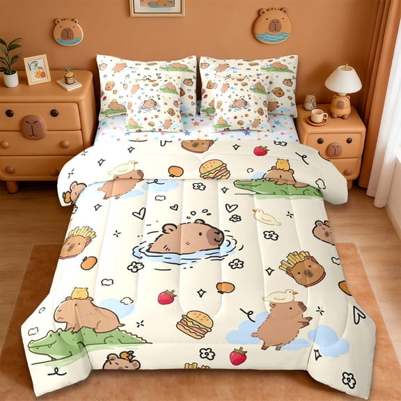 Erosebridal Brown Cartoon Capybaras 7pcs Bedding Comforter Set,Funny Mouse Rodent Queen Bedding Sets For Capybara Lovers Reversible