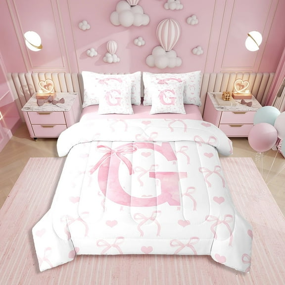 Erosebridal Initial G Letter Bed in a Bag Twin size, Cute Bowknot Bed Set, Dreamy Princess Decor, Reversible 7pcs