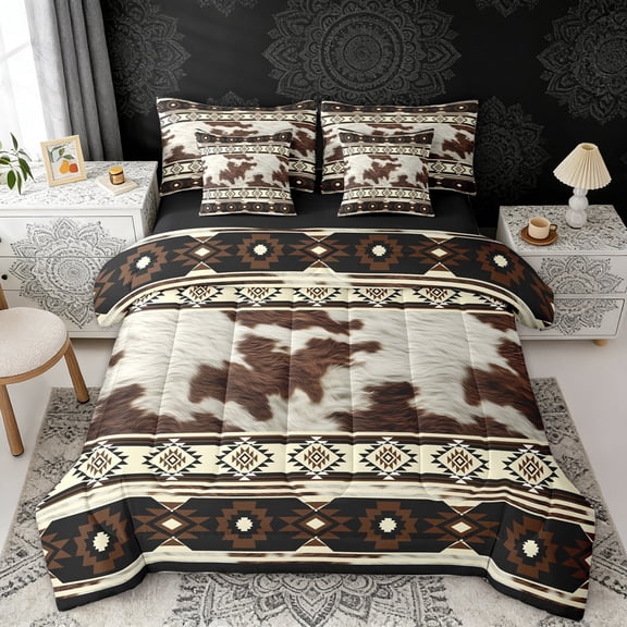 Erosebridal Brown Cow Print Twin Bedding Sets, Rustic Farmhouse Bedding Comforter Set, Beige Aztec Decor, Black Reversible 7-Piece