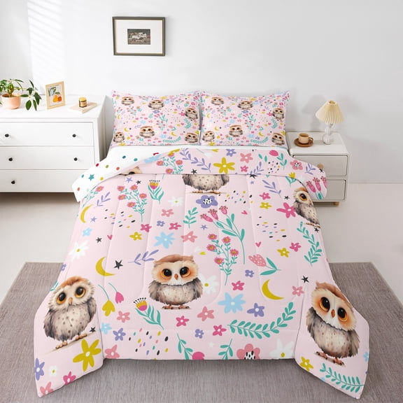 Erosebridal Brown Cute Owl Bedding Twin Comforter Set,Colorful Botanical Floral Down Comforter,Jungle Animal Bedding Sets Twin with Comforter,Ultra Soft Bedroom Decor Reversible,2 Pieces