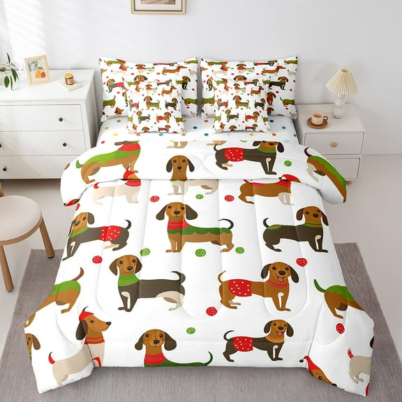 Erosebridal Brown Dachshund Bed in a Bag Twin size, Kawaii Dog Bed Set, Colorful Dots Reversible Bedding Twin Size, Ultra Soft Bedroom Decoration, 7pcs