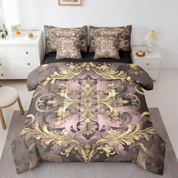 Erosebridal Brown Damask Bedding Queen Size,Boho Bohemain Flower Comforter Sets with Sheets,Vintage Florals Bedding Sets Queen Size For Men Women,Breathable Room Decor Reversible,7pcs