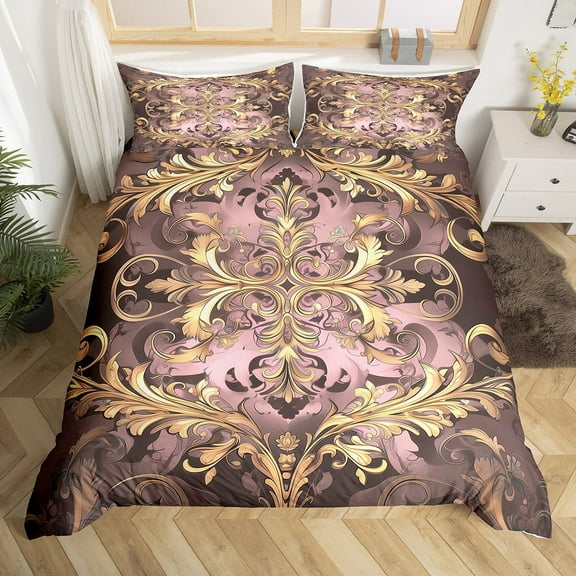 Erosebridal Brown Damask Duvet Cover King,Boho Bohemain Flower Bedding Sets King Size,Vintage Florals Comforter Cover King For Men Women,Breathable Room Decor Reversible,3pcs(No Comforter)