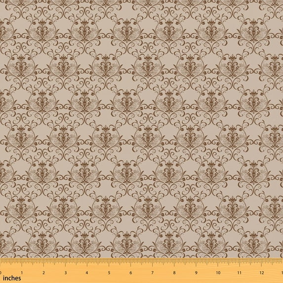 Erosebridal Brown Damask Fabric by the Yard 3 Yards, Rustic Floral Scroll Room Decor Fabric by the Yard