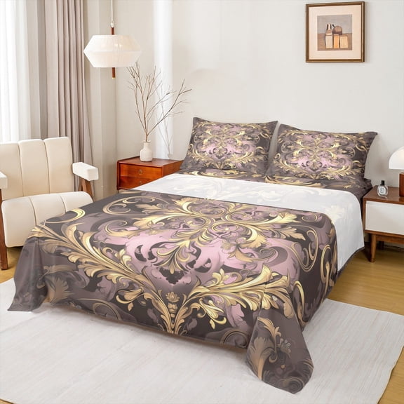 Erosebridal Brown Damask King Sheet Sets,Boho Bohemain Flower Bedding King Size,Vintage Florals Bed Sheets Set King Size For Men Women,Breathable Room Decor,4-Piece
