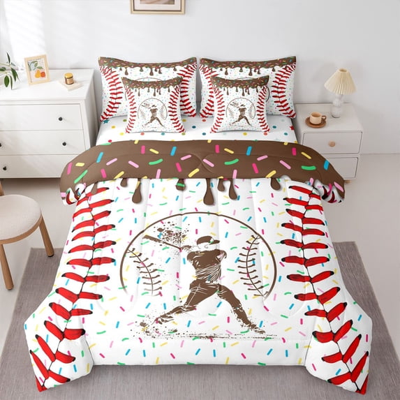 Erosebridal Brown Dripping Baseball Stitch & Batter Silhouette Graphic Twin Bedding Sets 7-Piece, Baseball Graphic Bedding Comforter Set for Boys And Girls Kids,Microfiber Bedroom Decor