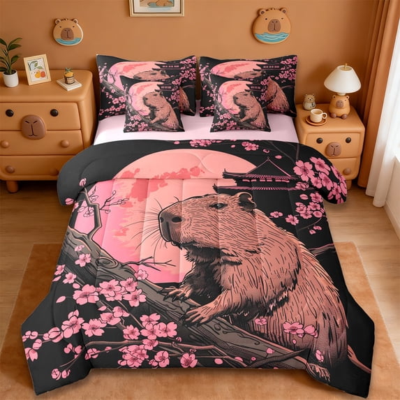 Erosebridal Brown Funny Capybara 7-Piece Twin Bedding Sets,Japanese Style Pink Cherry Blossom Bedding Comforter Set For Capybara Lovers ,Reversible Pink