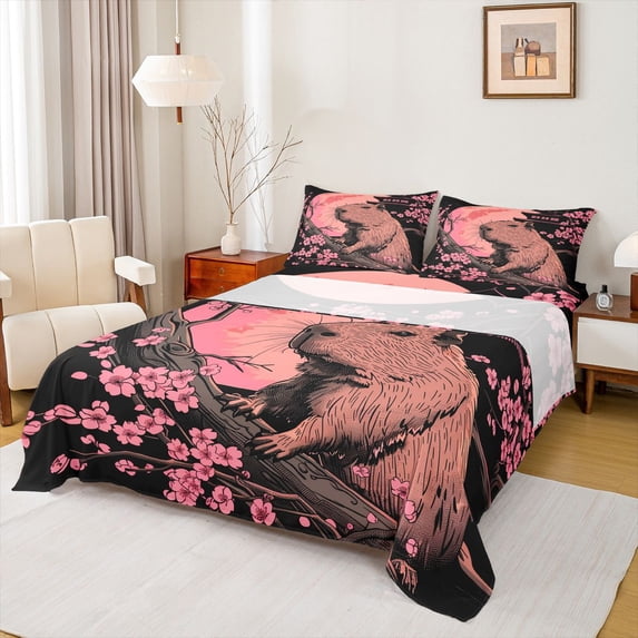 Erosebridal Brown Funny Capybara Queen Sheet Sets,Japanese Style Pink Cherry Blossom Bed Set For Capybara Lovers 4pcs