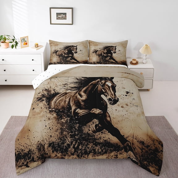 Erosebridal Brown Galloping Horse Comforter Sets King Size, Rustic Farmhouse Comforters & Duvets, Farm Animal Bedroom Decorative, Reversible 3-Piece