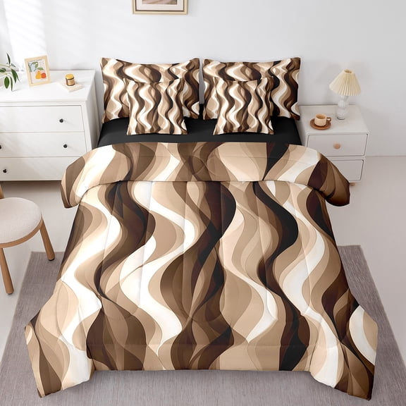 Erosebridal Brown Geometry Bed in a Bag, Abstract Ombre Bed Set, Stripes Artwork Reversible Comforter Sets, Ultra Soft Room Decor, 7-Piece