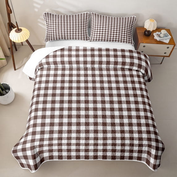 Erosebridal Brown Gingham Plaid Twin Quilt Set,Classic Check Pattern Twin Coverlet Set For Girls,2 Pieces
