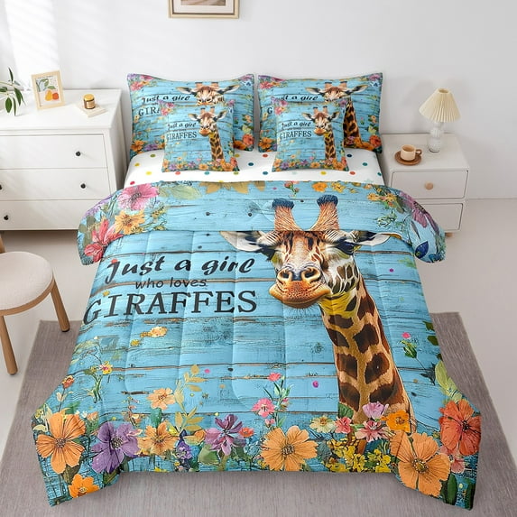 Erosebridal Brown Giraffe Bedding Full Size, Rustic Plank Bedding Sets Full Size, Countryside Groovy Floral Reversible Bed Set, Super Cozy Bedroom Decoration, 7pcs