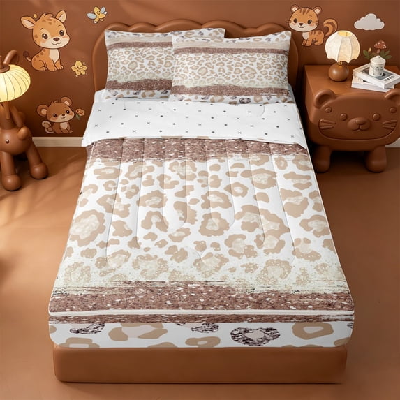 Erosebridal Brown Heart Leopard Zipper Twin Comforter Sets with Fitted Sheet and 2 Pillowcases,Beige Cheetah Spot Zipper Bedding Set For Girls,Reversible,4-Piece