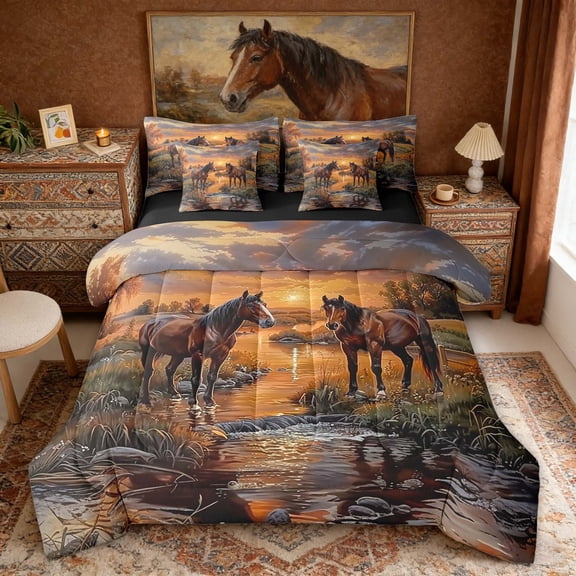 Erosebridal Brown Horse Bedding Comforter Set, Rustic Farmhouse Full Bedding Set