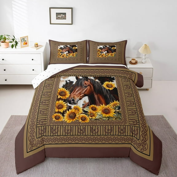 Erosebridal Brown Horse Bedding King Comforter Set, Chic Sunflower Down Comforter, Horseshoes Farmhouse Decor, Reversible 3 Pieces