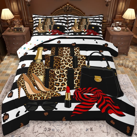 Erosebridal Brown Leopard Cheetah Print Queen Comforter Set,Fashion Women High Heels Girls Gifts Bedding Comforter Set For Adults,Reversible 3 Pieces